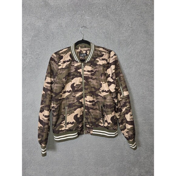 Y2K Rue 21 Womens Camo Bomber Varsity Jacket Large Army Green Black Tan Grunge - Picture 3 of 10